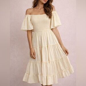 Ivy City Co Off-The-Shoulder Smocked Midi Dress | Cream | Size S